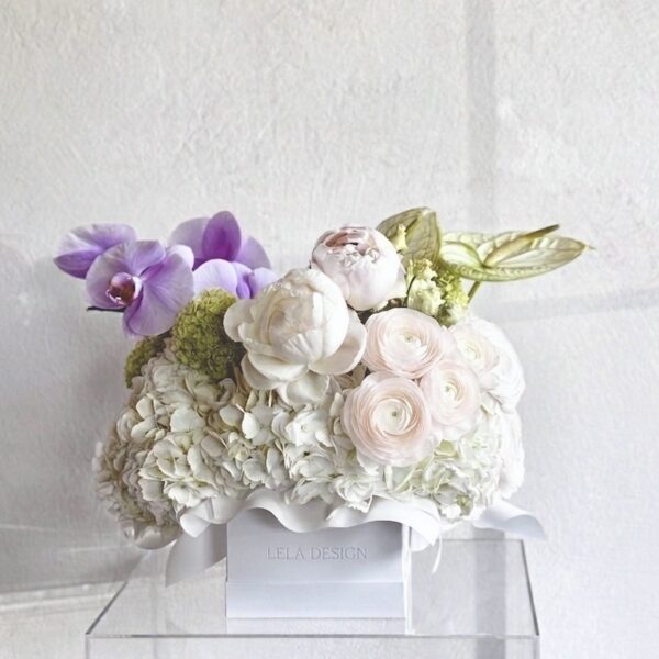 Pastel Flowers in a Box with Peonies, Pink Orchids and Green Anthurium – Lela Design