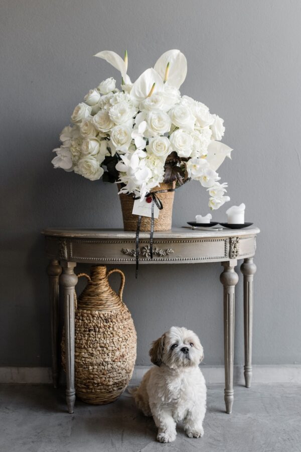 White flowers in a basket by Lela Design 0