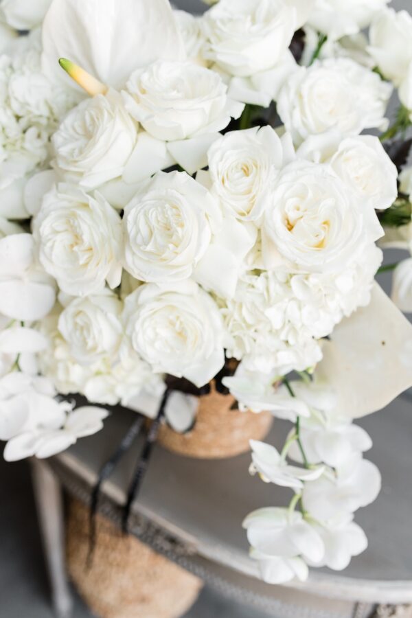 White flowers in a basket by Lela Design 1