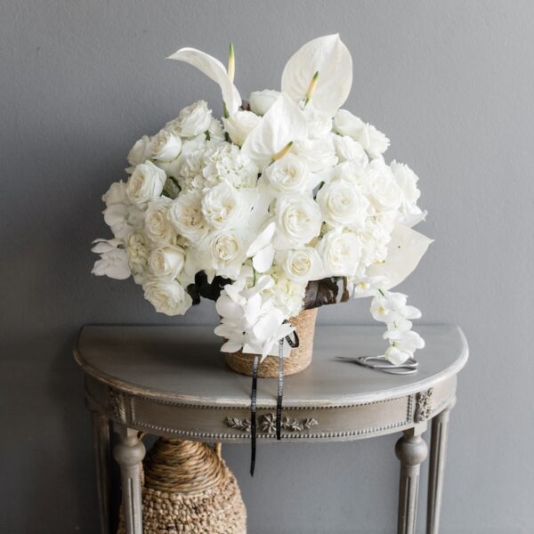 White flowers in a basket by Lela Design 2