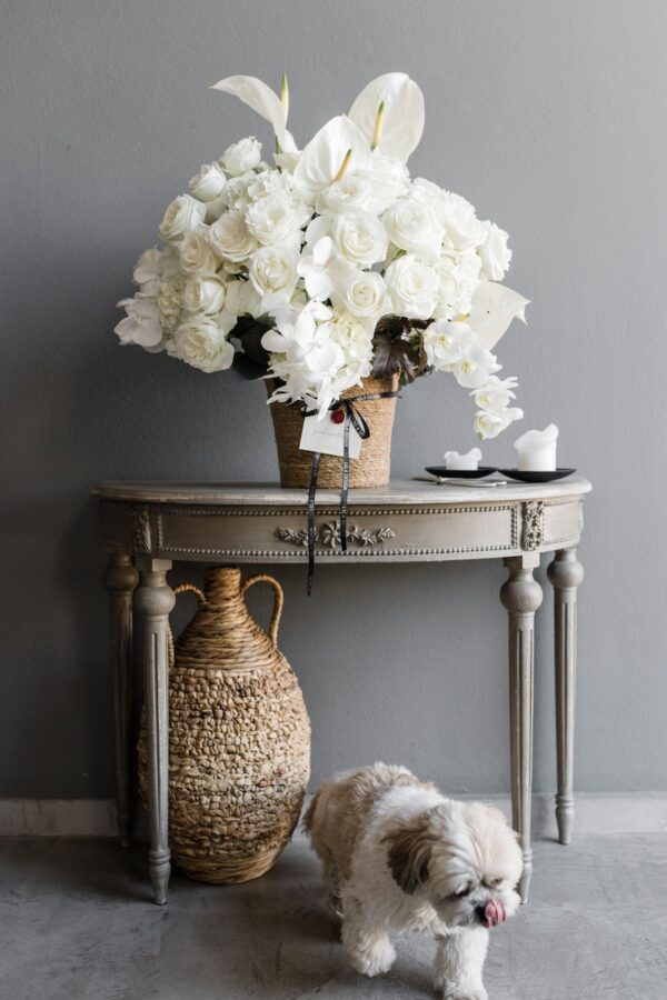 White flowers in a basket by Lela Design 3